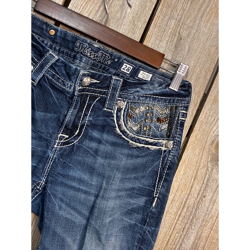 Miss Me Mid Rise Bootcut Jeans Embellished Flap Pocket Blue 28 ME8055B7R - Picture 3 of 8